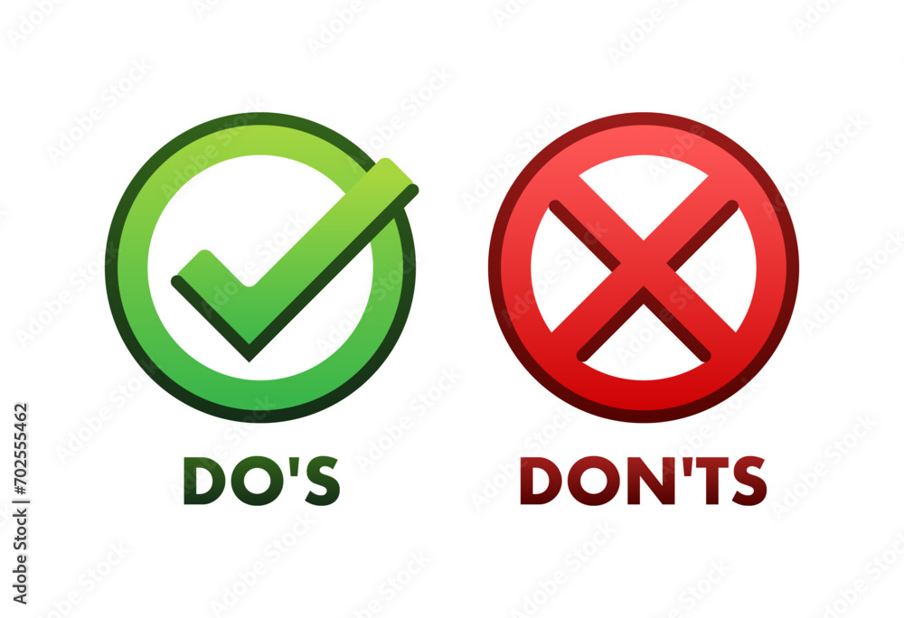 Poster dos and donts icons with checkmark and cross, guidelines concept vector illustration for decision ma