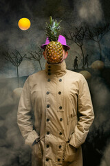 A man in a cloak and a hat with pineapple, stylization. "Own way"
