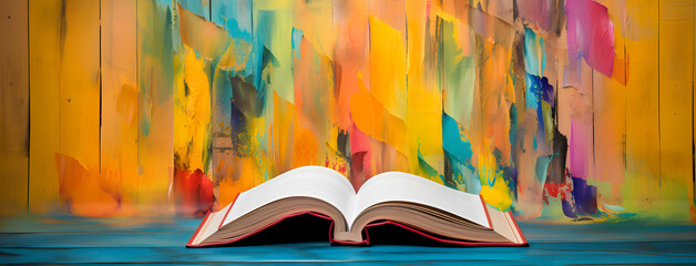 A book is open on a wooden table with a colorful background. Concept of creativity and imagination - obrazy, fototapety, plakaty