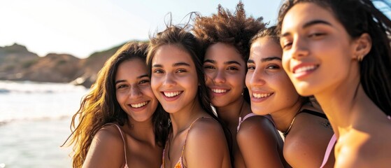 Group of smiling young hispanic woman posing at the beach wearing swimsuits looking at the camera