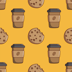 doodle coffee paper cup and cookies pattern on yellow background