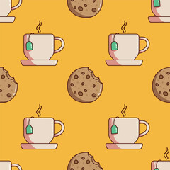 doodle tea cup and cookies pattern on yellow background