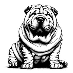 Full-length sitting Shar Pei portrait. Hand Drawn Pen and Ink. Vector Isolated on White. Engraving vintage style illustration for print, tattoo, t-shirt, coloring book