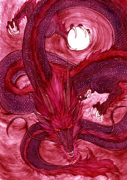 
Traditional Japanese and Chinese dragon watercolor painting