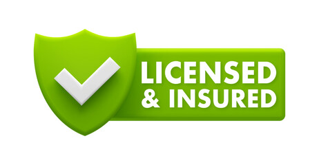 Licensed and Insured Emblem - Green Checkmark Certification and Assurance Icon - obrazy, fototapety, plakaty