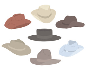 Set of cowboy hats. Wild West hats. A variety of hats for sheriffs, travelers, herdsmen
