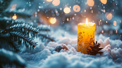christmas background with christmas tree and snow, Advent candle on snow, Winter background, Ai Generate 