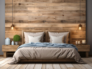 Modern bedroom with blue comforter, wooden backdrop, and ambient lighting. Serenity space design. Generative AI