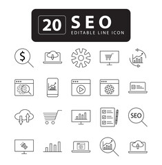 Dynamic SEO Vector Icons: Modern Thin Line Illustrations for Web Development, Strategy, and Optimization – Editable Pictograms and Infographic Elements Included. calendar, click, coding, consulting,	
