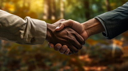 Handshake against an autumnal forest backdrop, representing a strong partnership. Generative AI