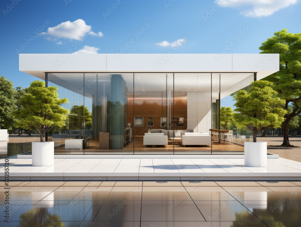 Aufkleber sleek modern architecture with transparent elements and green trees. clear sky and urban design conc