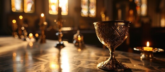 Church table with golden cup for Holy Communion. - obrazy, fototapety, plakaty