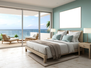 Seaside bedroom interior with tropical ocean view and bright daylight. Generative AI
