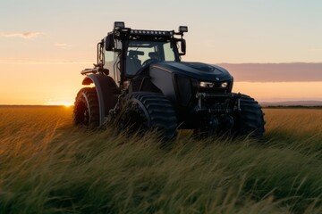 Fototapeta premium A state-of-the-art tractor stands majestically in a field of golden wheat, bathed in the warm glow of a setting sun. The horizon stretches far into the distance, promising a bountiful harvest, while