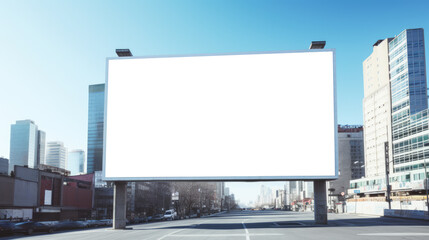 Obraz premium Expansive billboard above a quiet city road with skyscrapers. Outdoor advertising and cityscape concept. Generative AI
