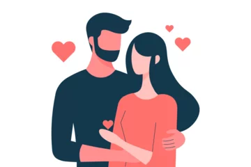 Fotobehang minimalist couple in love has a good relationship,man and woman holding a red heart shape, couple concept for Valentine's Day and Love Day ,vector lover illustrations. © jayhermiony
