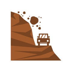 Brown beware of landslide natural disaster with car on travel street road warning sign icon flat vector design