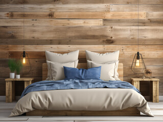 Cozy bedroom with wooden wall, blue bedding, and warm lighting. Home comfort concept. Generative AI