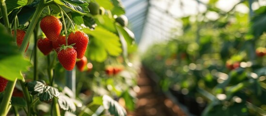 A modern hydroponic greenhouse for growing strawberries, with insect killers hanging inside. - Powered by Adobe