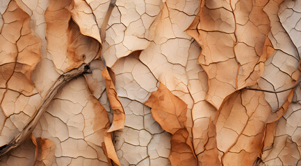 Fototapeta premium Crisp dried leaves elegantly strewn across a cracked, pale earthy background