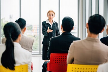 A confident senior corporate coach leads a seminar for a business team. The female director and CEO...