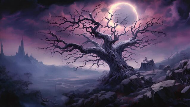 A wizened tree standing atop a craggy cliff its bristling branches silhouetted against a backdrop of spooky purple sky subsisting for an eternity.
