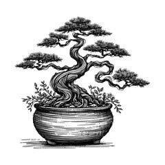 Artistic Hand Drawn Bonsai Tree Line Art Vector