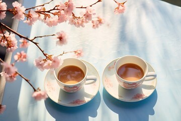 Top shot of two coffee cups with spring patterns placed on the table, outside the window, surrounded by cherry blossom branches, cherry blossom style, photobashing, vivid color combination, light blue