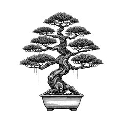 Artistic Hand Drawn Bonsai Tree Line Art Vector