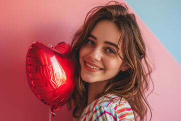 Close-up photo of a happy smiling young woman with a red heart-shaped balloon on a blue and pink background. Birthday, Valentine's Day concept. - Powered by Adobe