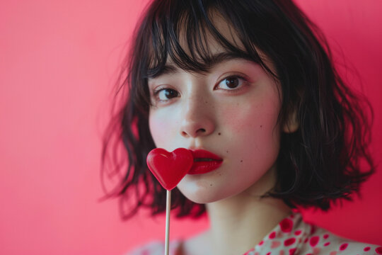 Close-up photo of a beautiful young Asian woman with bob hairstyle and a red lollipop in the form of a heart near her mouth against a pink background. Valentine's Day, Love concept.