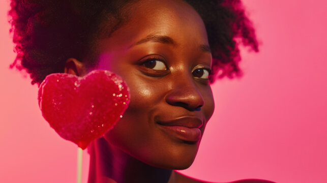 Close-up photo of a beautiful smiling young black woman with a red heart-shaped lollipop near her face against a pink background. Valentine's Day concept.