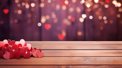Empty old wooden table background with valentines day theme in background - 702559692