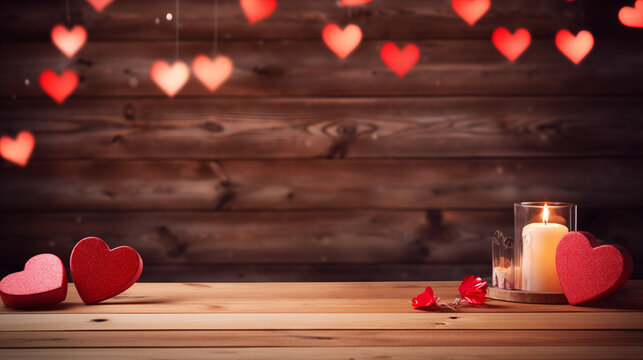 Empty old wooden table background with valentines day theme in background