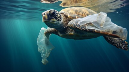 Environmental issue of plastic pollution problem. Sea Turtles can eat plastic bags mistaking them for jellyfish Sea turtle trapped in a plastic bag, Stop ocean plastic pollution concept