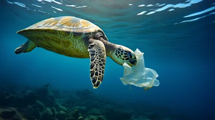 Kussenhoes Environmental issue of plastic pollution problem. Sea Turtles can eat plastic bags mistaking them for jellyfish Sea turtle trapped in a plastic bag, Stop ocean plastic pollution concept © ND STOCK