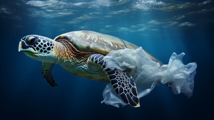 Obraz premium Environmental issue of plastic pollution problem. Sea Turtles can eat plastic bags mistaking them for jellyfish Sea turtle trapped in a plastic bag, Stop ocean plastic pollution concept