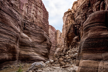A small  shallow stream flows between high rocks with beautiful natural patterns on their walls along a walking trail in the Wadi Numeira gorge in Jordan