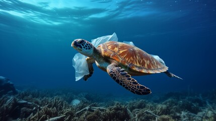 Naklejka na ściany i meble Environmental issue of plastic pollution problem. Sea Turtles can eat plastic bags mistaking them for jellyfish Sea turtle trapped in a plastic bag, Stop ocean plastic pollution concept