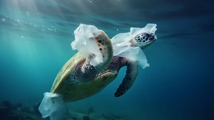  Environmental issue of plastic pollution problem. Sea Turtles can eat plastic bags mistaking them for jellyfish Sea turtle trapped in a plastic bag, Stop ocean plastic pollution concept © ND STOCK