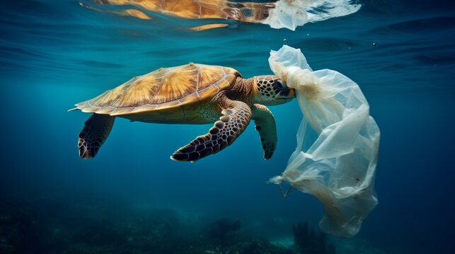 Environmental issue of plastic pollution problem. Sea Turtles can eat plastic bags mistaking them for jellyfish Sea turtle trapped in a plastic bag, Stop ocean plastic pollution concept