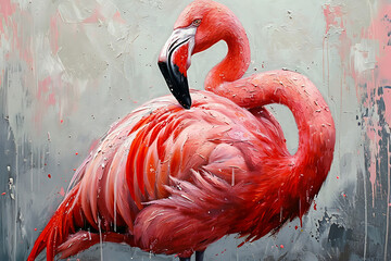  Flamingo. Oil paint on canvas. Interior painting. Beautiful background. Generative AI. 