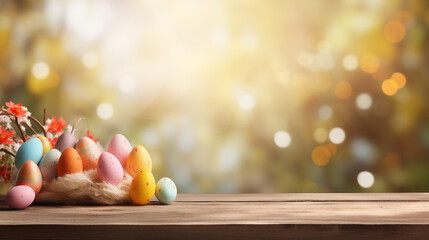 Empty wooden table background - easter spring theme - 702560079