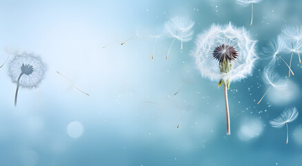 Delicate dandelion with seeds dispersing in a soft, dreamy blue background