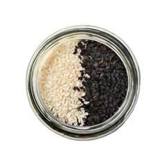 Jar Of White And Black Sesame Seeds, Isolated Transparent Background