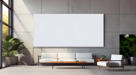 A modern minimalist living room with a large blank canvas mockup on the wall