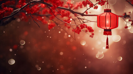 Happy chinese new year, beautiful lantern and flowers on red pink background. happy lunar day, Copy space - obrazy, fototapety, plakaty