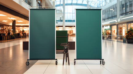 Advertising Space in a Mall Atrium, Two blank advertising banners in a bustling shopping mall atrium - obrazy, fototapety, plakaty