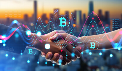 Man and woman handshake, bitcoin online trading. Ai generative illustration