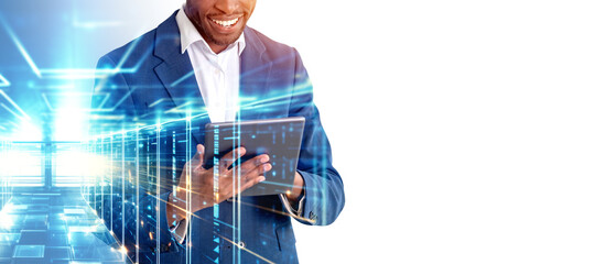 African man using tablet, data server copy space. Ai generative illustration